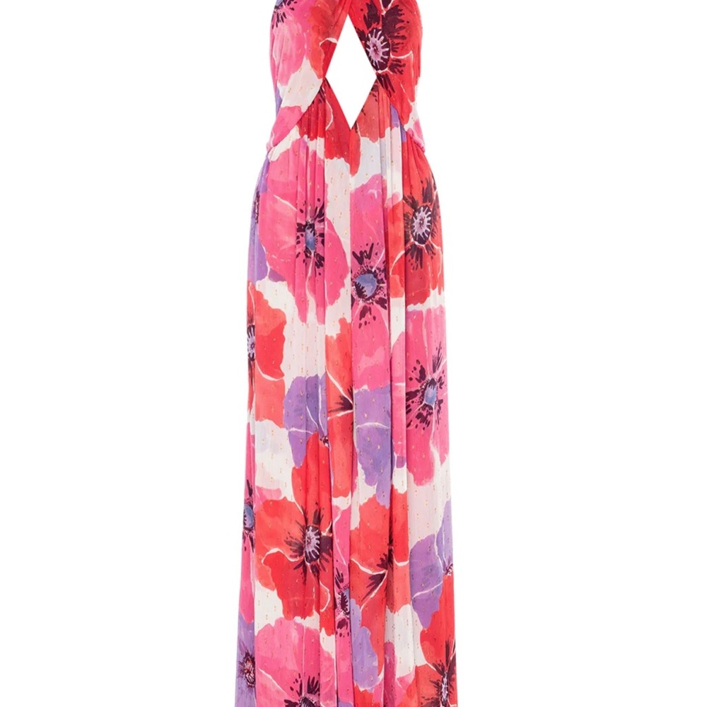 MISA Los Angeles Alexandra Floral & Metallic Halterneck Dress (NEW WITH TAGS)